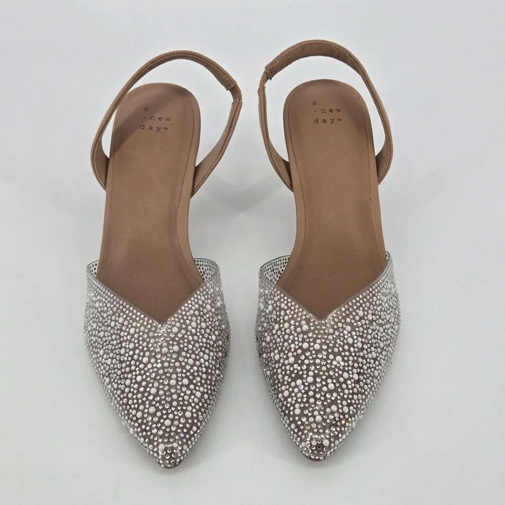 A New Day Rhinestone Mesh Slingback Kitten Heels Nude Neutral Wedding Prom 11